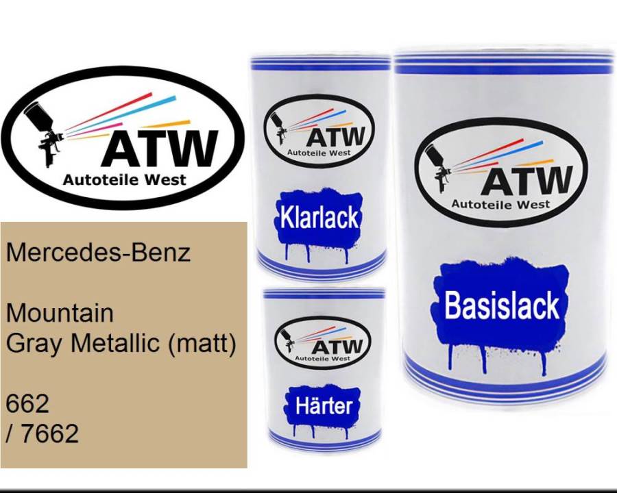 Mercedes-Benz, Mountain Gray Metallic (matt), 662 / 7662: 500ml Lackdose + 500ml Klarlack + 250ml Härter - Set, von ATW Autoteile West.